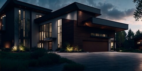 Photo of a luxurious modern house at night
