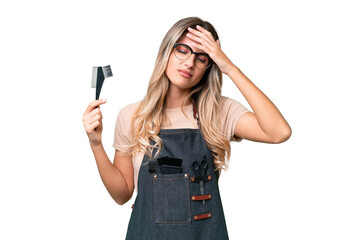 Wall Mural - Young Uruguayan hairdresser woman over isolated background with headache