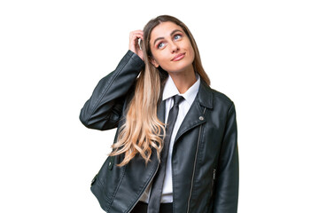 Wall Mural - Business pretty Uruguayan woman wearing a biker jacket over isolated background thinking an idea