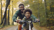 © khwanchai - happy ethnic family father teaches child son to ride bike in park, Generative AI
