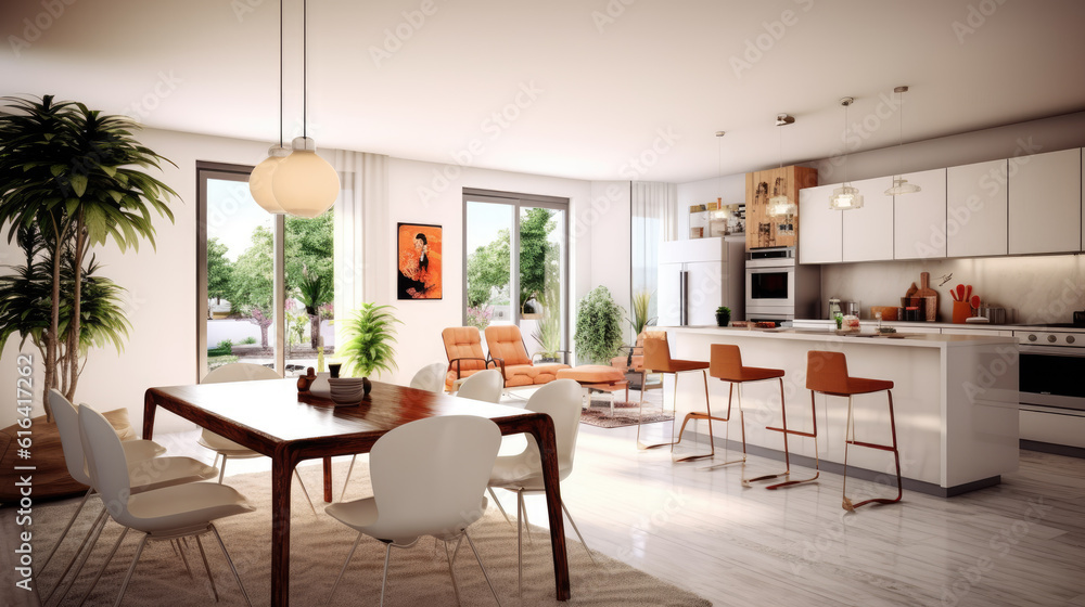 Generative ai illustration of a dining room and open plan kitchen by ...