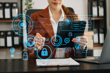 Wall Mural - cyber security data protection business working on compute intelligenc digital tablet global network