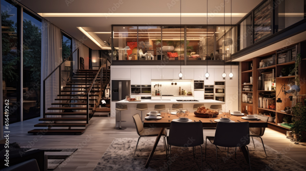 Generative ai illustration of a dining room and open plan kitchen by ...