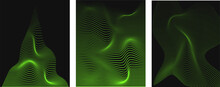 Distorted Pattern Of Green Neon Lines On A Black Background. Abstract Glitch Background. Retrowave, Vaporwave. Acid Green, Black Colors. Fashion Retro 1980s, 90s Style. Print, Poster, Banner.