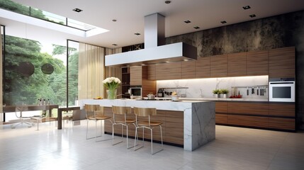 Mid century design.Modern interior design of wooden kitchen with round dining table and chairs near window, dining table and chairs.