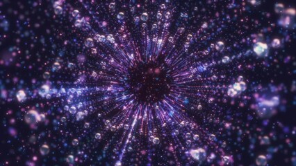 Wall Mural - An endless stream of particles and air bubbles flies at us in an abstract space.