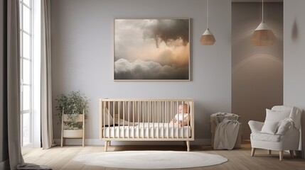 Wall Mural - Interior side view of a nursery featuring a crib in modern style, beautiful maternity and future child, pregnancy concept