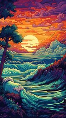 Gradient illustration beach during summer, holidays party, surf and beach day, gradient waves, sunset colors