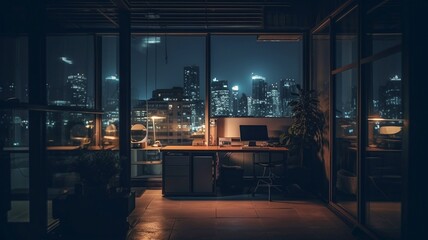 An office workspace in the evening with a view of the city at night. Generative AI.