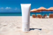 Mockup of a tube of cream on the seashore or ocean. Sunscreen or lotion.