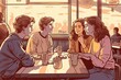 The illustration shows teenagers sitting in a cafe enjoying drinks and snacks, chatting and having a good time together.Generative Ai.