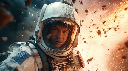 cinematic scene of an astronaut during an explosion, futuristic action movie concept. exploring the 