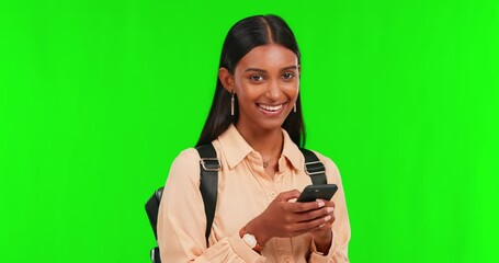 Sticker - Green screen, social media or portrait of girl student with a phone for communication or online chat at college. University, face or happy female pupil typing on mobile app to learn school research