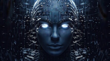 Robot mechanic face with neural link intelligence, big data. Cyberpunk, android robot bionic. artificial intelligence. Science fiction