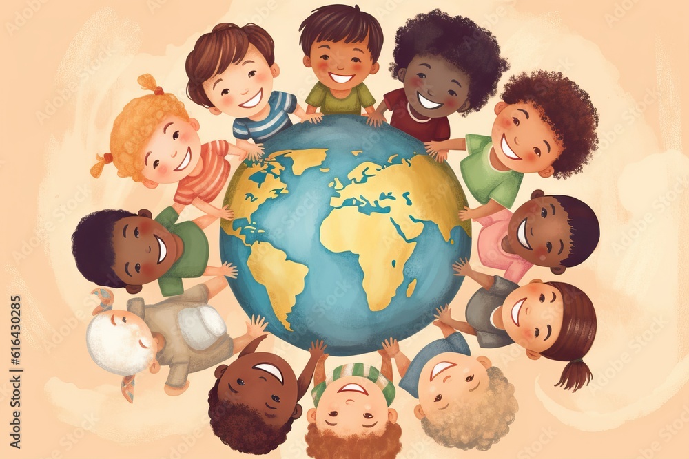 multi ethnic group of children holding hands around the globe Stock ...