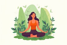 Woman In Meditation Yoga Post On Greensward. Vector Illustration Style