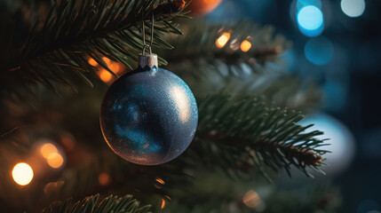 Christmas tree ornaments lights pine needles bokeh