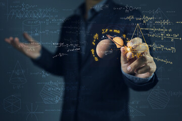 Wall Mural - professor or physics scientist writing and study laws of gravitational force from stars in solar sys