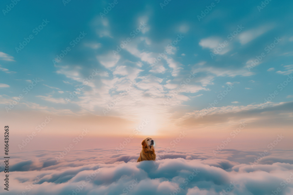 illustration of a golden retriever pet animal in a natural landscape ...