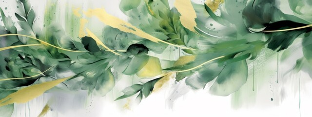 Wall Mural - Abstract floral organic plant watercolor painting drawing leaf illustration wallpaper background  - Green leaves with golden lines details (Generative Ai)