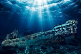 Fototapeta Sawanna - Titanic shipwreck lying silently on the ocean floor. The image showcases the immense scale of the shipwreck, with its fragmented structure extending across the seabed.