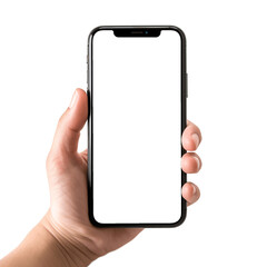 hand holding a smartphone. transparent mobile screen mockup. no background.