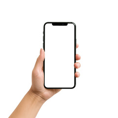 hand holding a smartphone. transparent mobile screen mockup. no background.