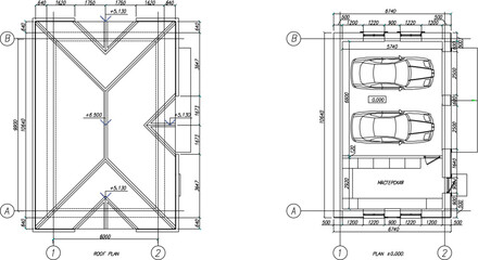 Vector sketch illustration of garage building architectural design for two cars classic simple model