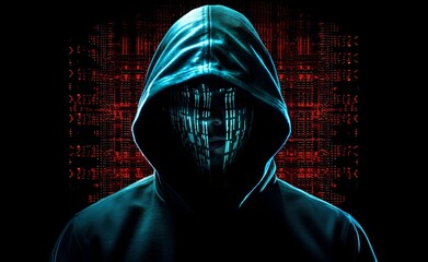 Wall Mural - Unrecognizable hacker cyber criminal in hood with dark matrix digital background. Security system cyber attack. Generative AI.