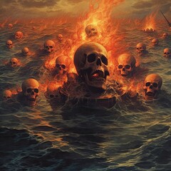 Wall Mural - skull on fire in ship