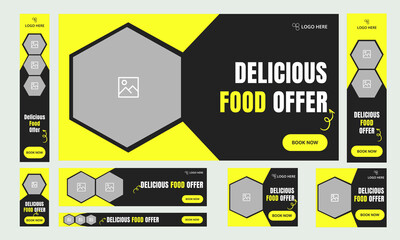 Wall Mural - Set of polygonal shape food menu web banner template design for social media posts, geometric shape web banner template design, food menu banner, fully editable vector eps file format
