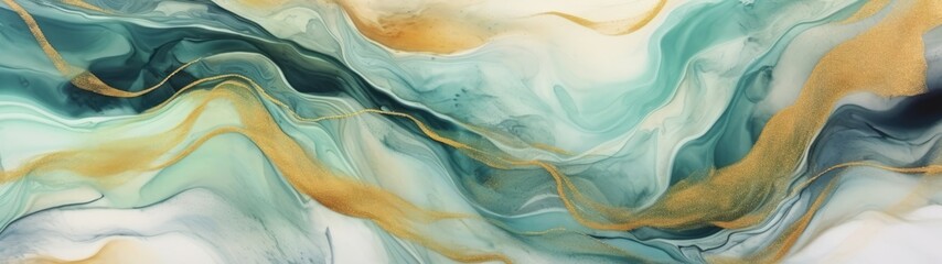 abstract watercolor paint background illustration - soft pastel green aquamarine color and golden li