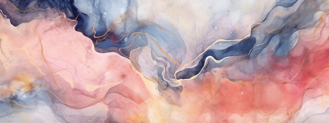 Abstract watercolor paint background illustration - Soft pastel pink blue color and golden lines, with liquid fluid marbled paper texture banner texture, Generative Ai
