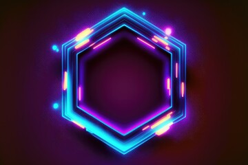 Abstract of neon hexagon shape isolated on space background in reflective colorful spotlight. Theme of lighting frame digital art design innovation. Finest generative AI.