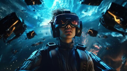 A rendering of the user in a spaceship fighting against enemies in a virtual reality simulation of space combat. The entertainment potential of future VR games. Created with Generative AI.