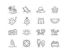 Beach Holiday Vacation Icon Collection Containing 16 Editable Stroke Icons. Perfect For Logos, Stats And Infographics. Edit The Thickness Of The Line In Any Vector Capable App.