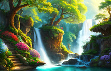Paradise Land With Beautiful  Gardens, Waterfalls And Flowers, Magical Idyllic Background With Many Flowers In Eden. Generative Ai.