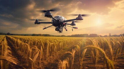 Agricultural drone flies to spray fertilizer on agricultural fields. generative ai