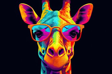 A wise and sincere looking Giraffe wearing bright colored glasses in vector style. Cartoon colorful giraffe with sunglasses. generative ai