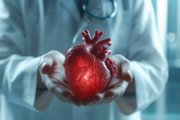 Sticker - Red heart in doctor's hands.Healthcare and hospital medical concept,organ donation concept.. Generative AI