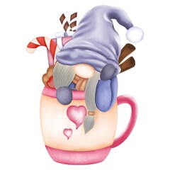 Watercolor christmas gnome in a cup. Cute gnome in a pink cup,cinnamon,candy cane and gift box.