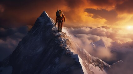 Wall Mural - A man is climbing a tall snow mountain