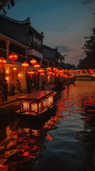 Wall Mural - Evening scenery of water towns in China, covered with red lanterns