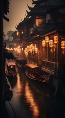 Wall Mural - Evening scenery of water towns in China, covered with red lanterns