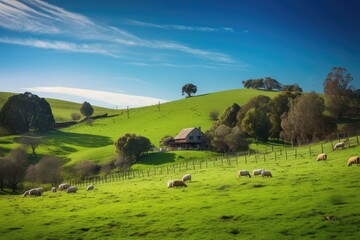 Poster - Hut and flock of sheep on green meadow