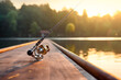 Fishing rod with a holder for the shore on a picturesque lake at sunset. Fishing in the river on a wooden pier. Generative AI