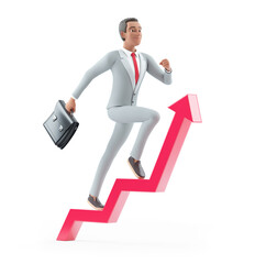 Wall Mural - 3d character businessman with briefcase running on growing arrow