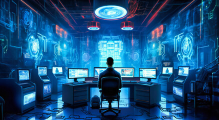 a man in a dark and futuristic workplace is in front of several monitors