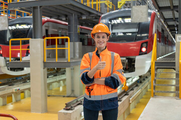 Wall Mural - Two professional engineers checkmechanical check undercarriage of lifted electric train and maintenance of public transport trains in Asia