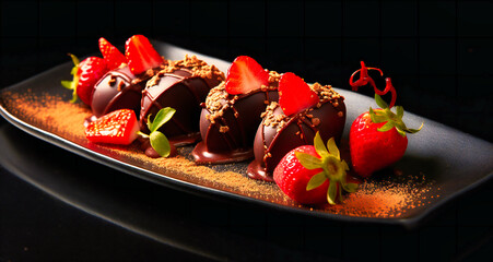 strawberries and chocolate dessert on a black plate